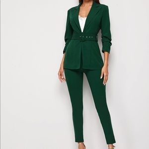 Belted Blazer and Pants Suit Set